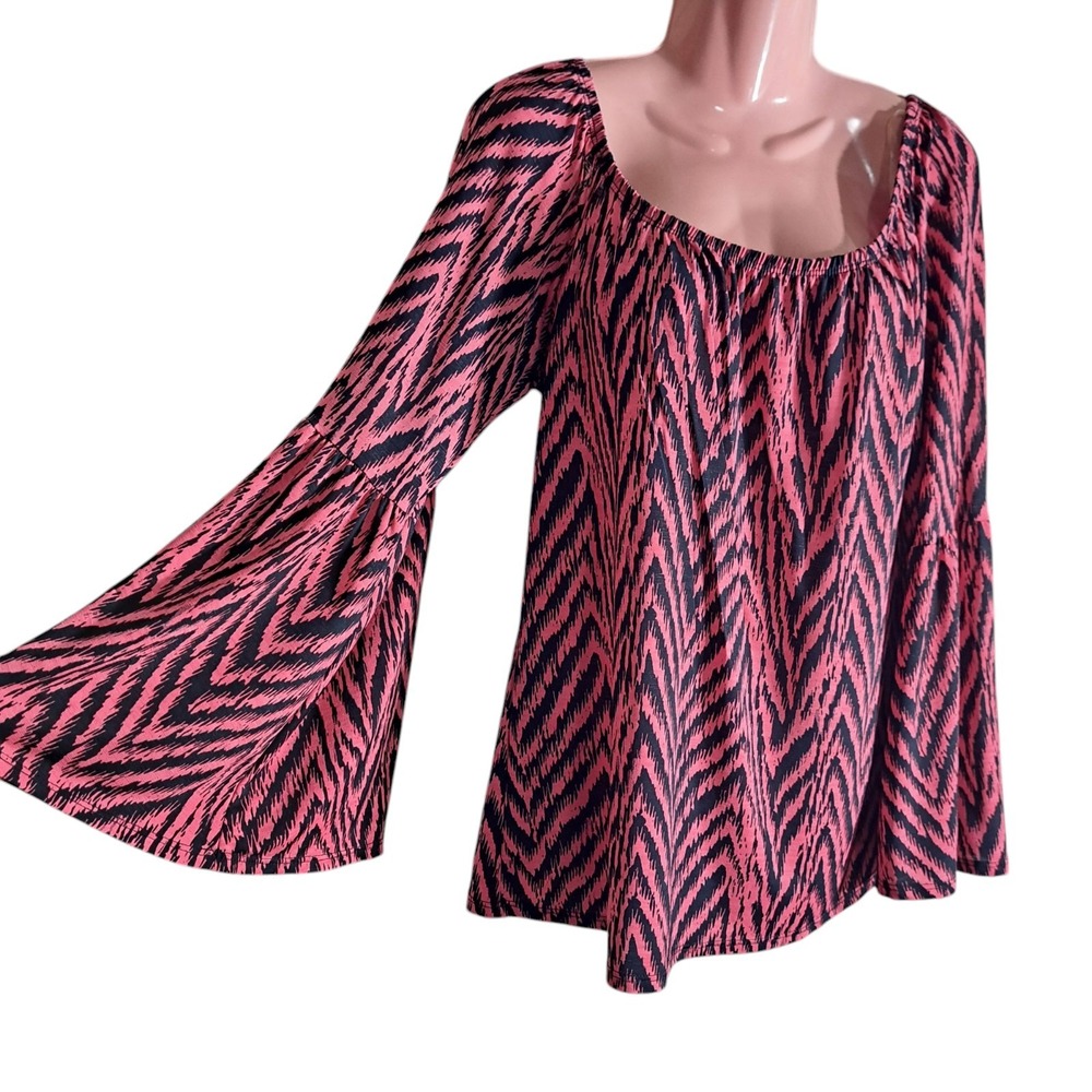 Voel‎ Women's Blouse Off The Shoulder Elastic Pink/Black Size Large Long Sleeves